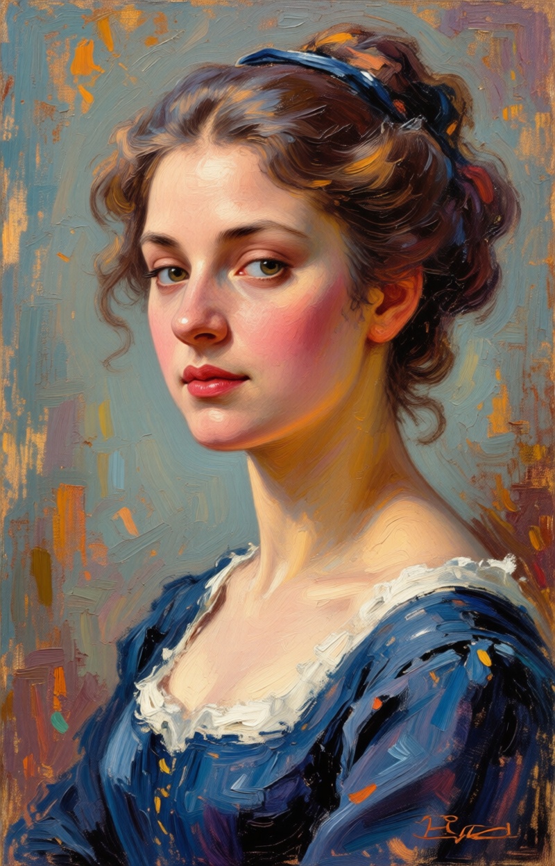 ((Painterly blur)). Impressionist oil painting,  portrait of a woman,  expressive brush strokes on Tensor.Art