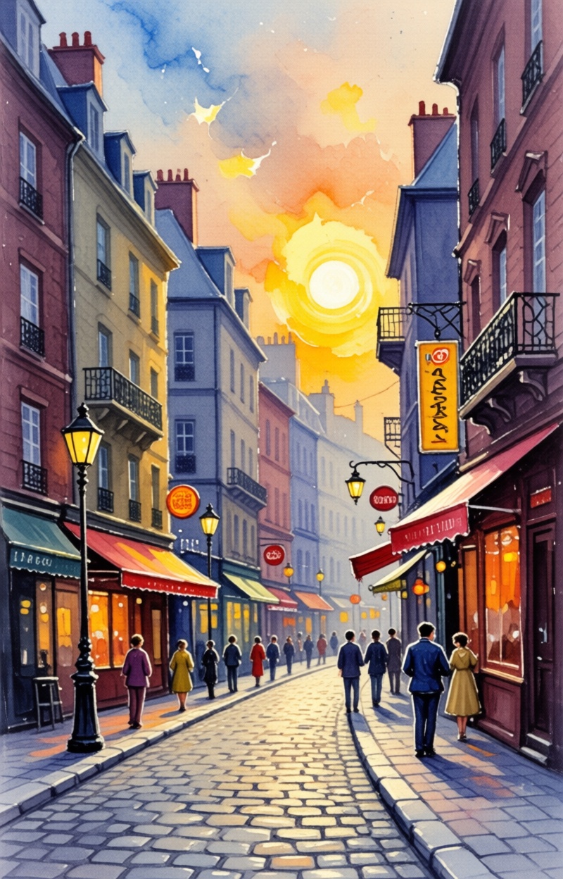 ((Painterly blur)). Watercolor painting,  impressionism,  city street scene on Tensor.Art