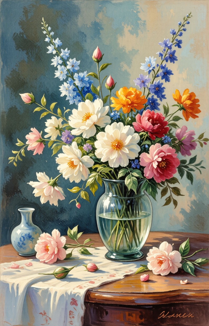 ((Painterly blur)). Impressionist watercolor painting,  still life with flowers,  delicate brush strokes on Tensor.Art