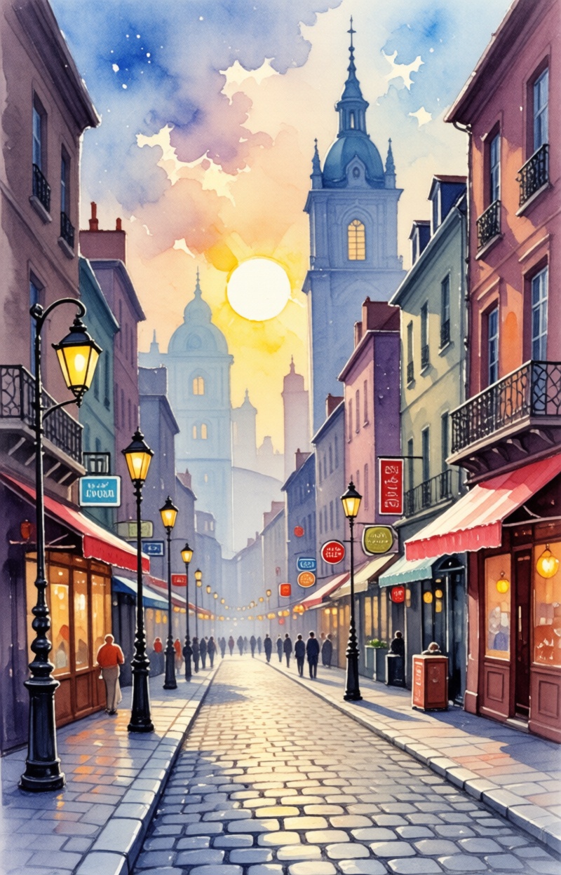 ((Painterly blur)). Watercolor painting,  impressionism,  city street scene on Tensor.Art