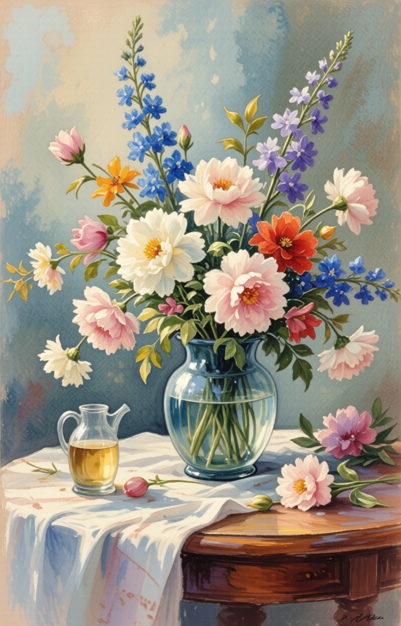 ((Painterly blur)). Impressionist watercolor painting,  still life with flowers,  delicate brush strokes on Tensor.Art