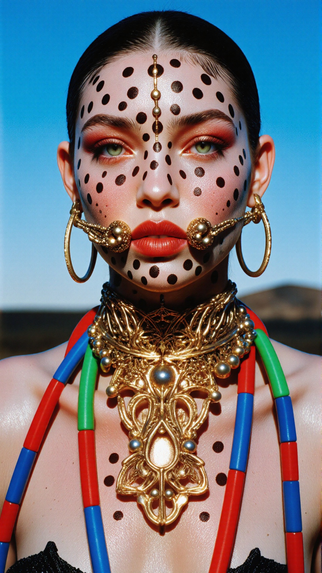 A captivating,  high-fashion portrait of a woman with a punk-inspired,  tribal aesthetic. She has a shaved head with a sho...