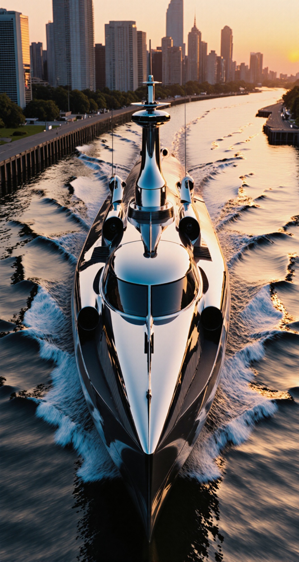 art style by Hajime Sorayama,  retro futurism,  Gigantic shiny silver travelling cruiser mega yacht on Tensor.Art