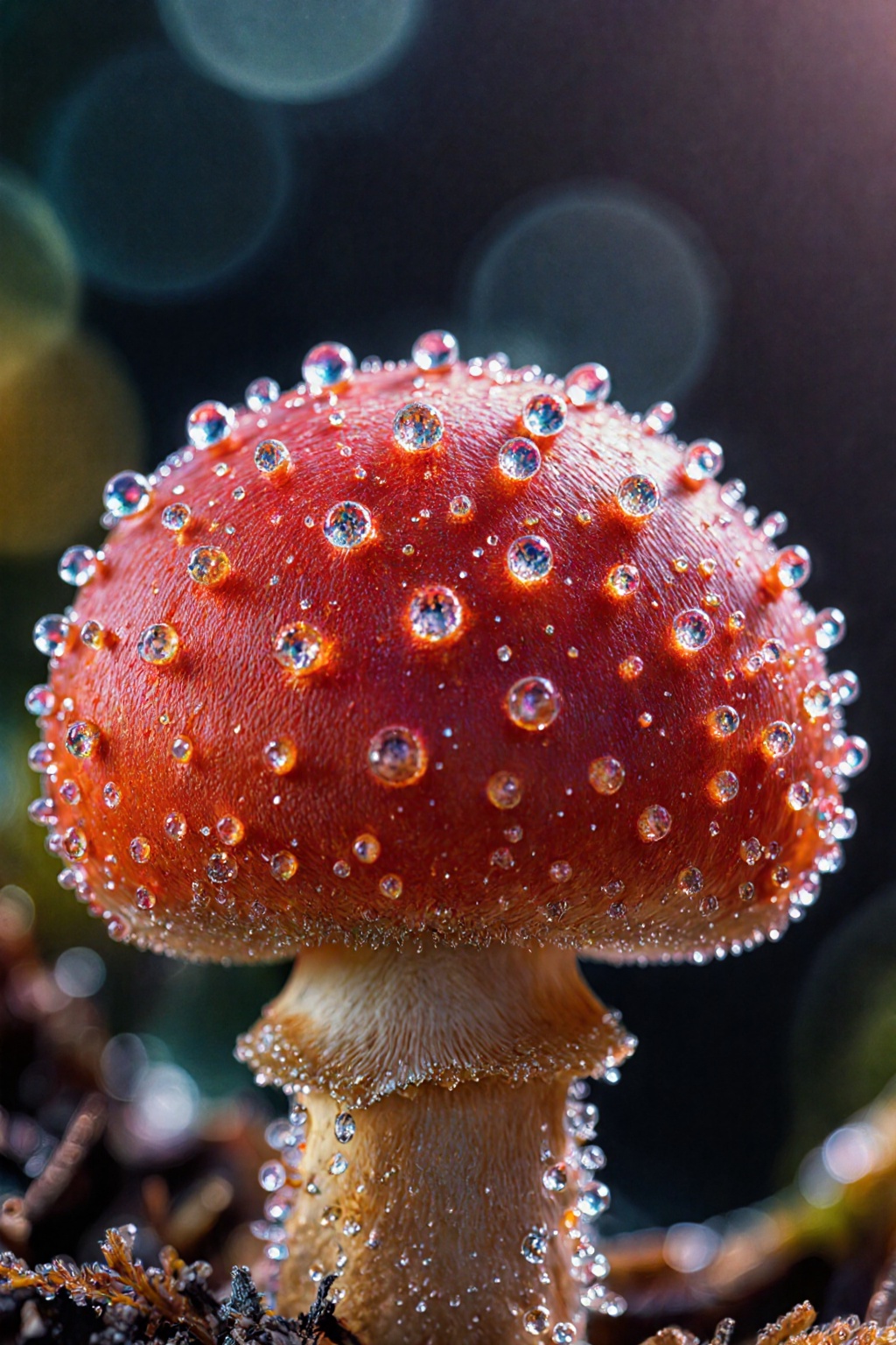 Macro close-up of a red toadstool mushroom with morning dew droplets sparkling on its cap. Photoreal detail,  shallow focu...
