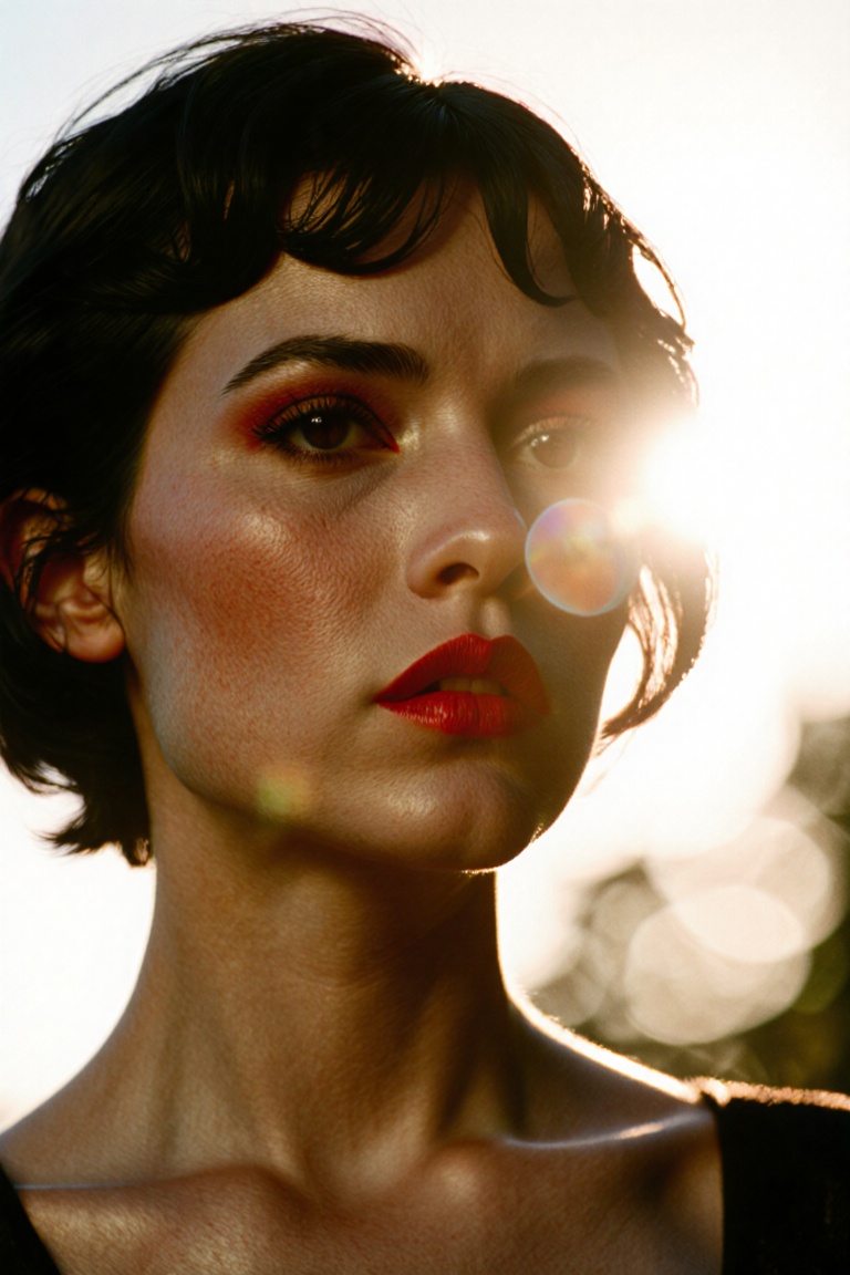 Create an 8k,  HDR photograph with a 35mm lens,  featuring a slender woman with dark short hair. She wears striking red li...