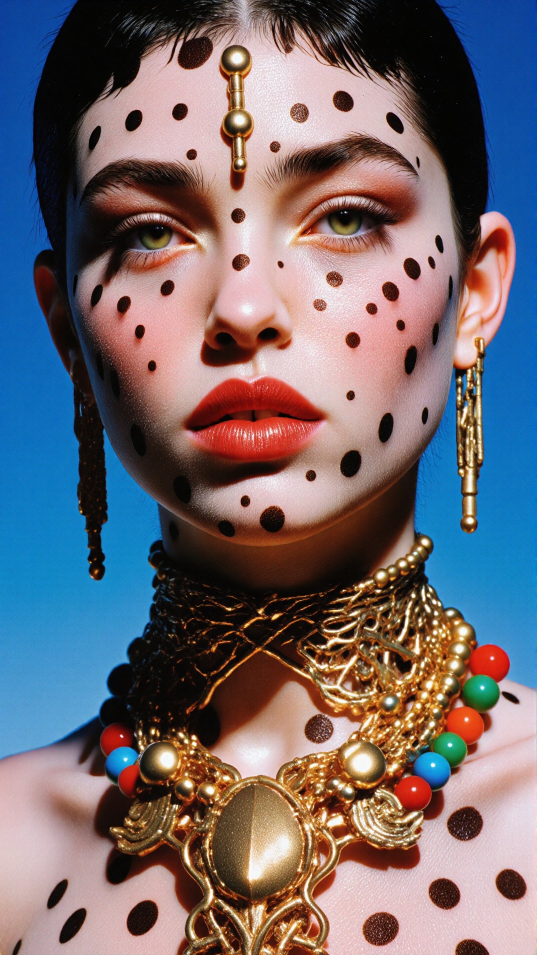 A captivating,  high-fashion portrait of a woman with a punk-inspired,  tribal aesthetic. She has a shaved head with a sho...