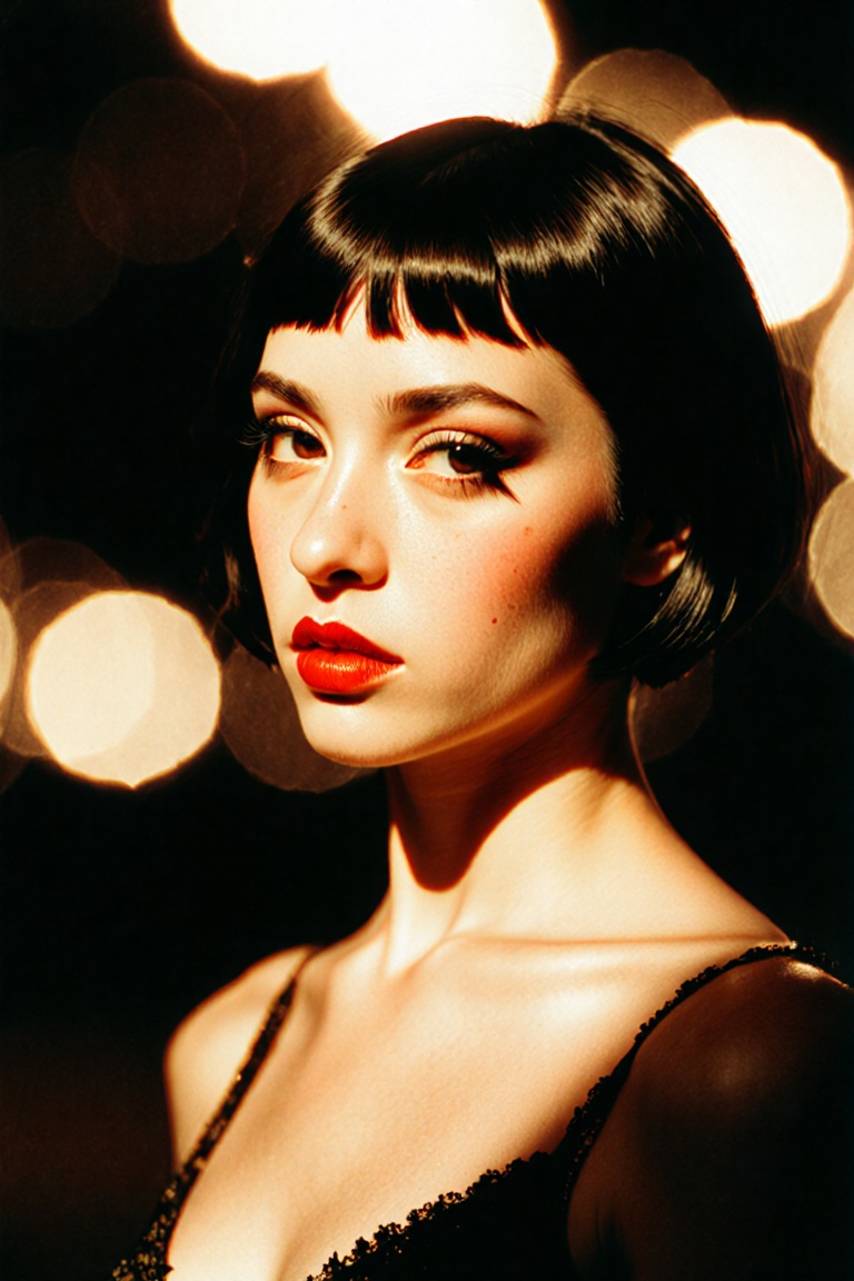Create an 8k,  HDR photograph with a 35mm lens,  featuring a slender woman with dark short hair. She wears striking red li...