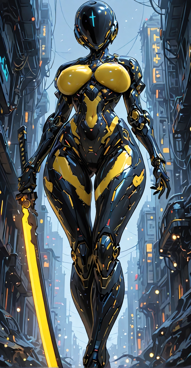 futuristic female android,  cyberpunk armor,  black and yellow exosuit on Tensor.Art