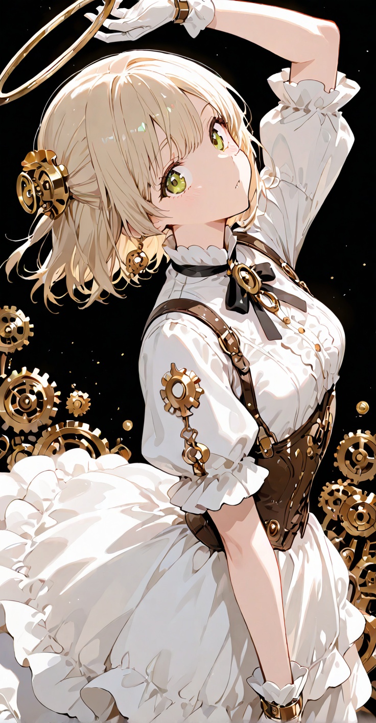 Create a simple background with a white dress featuring frills and puffy sleeves. Place a lone girl in the center,  dresse...