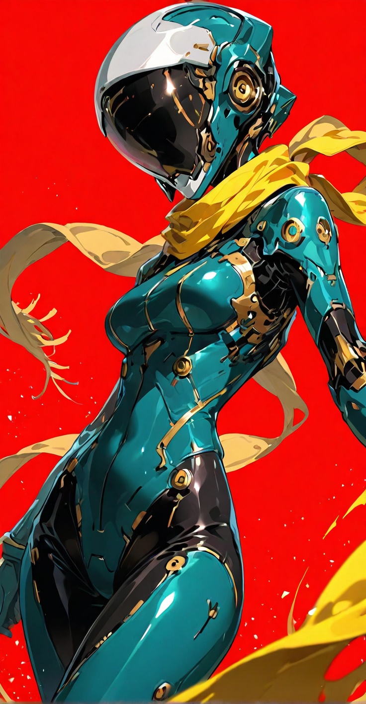 futuristic armored character,  detailed sci-fi pilot suit,  glossy green and blue outfit with neon mechanical parts on Ten...