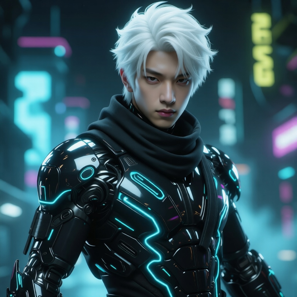 SPACE-TIME NINJA,  A cyberpunk robot boy with white hair,  sleek black metal armor on Tensor.Art