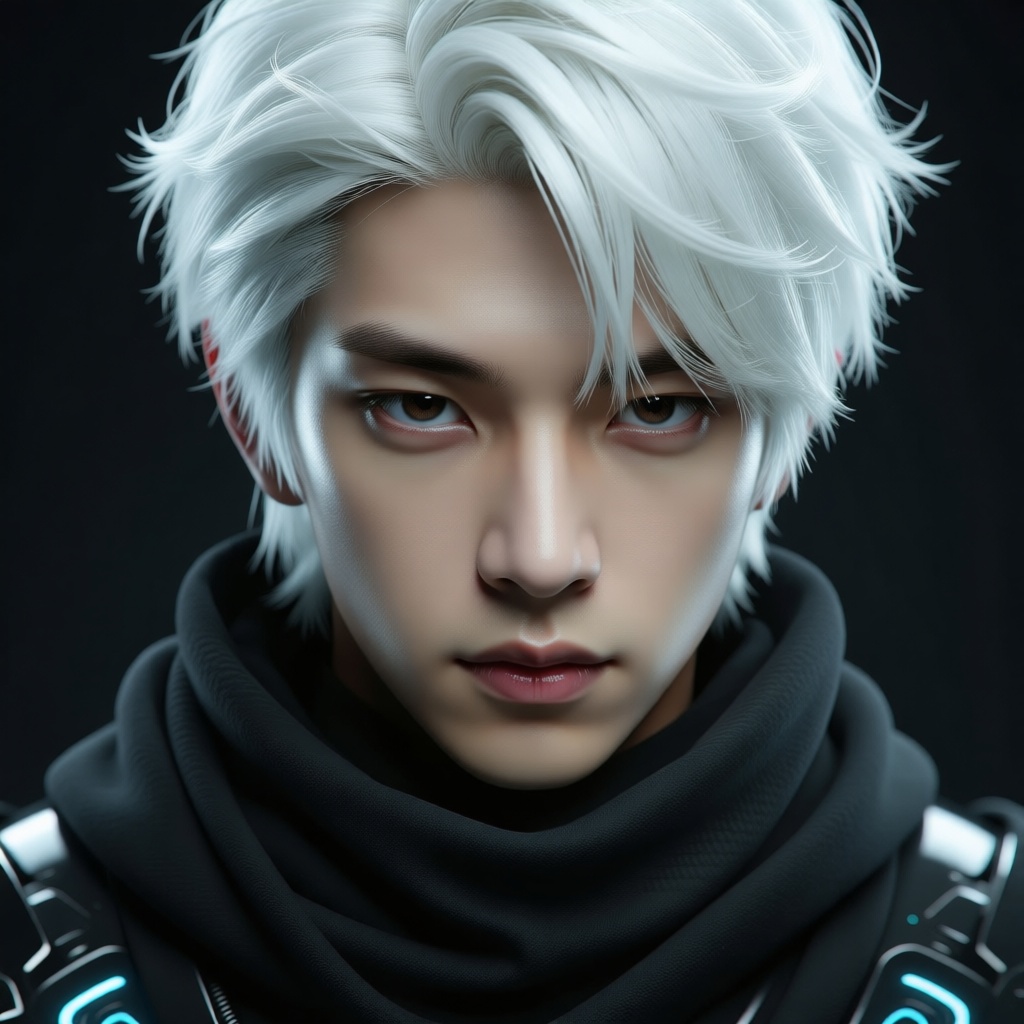 SPACE-TIME NINJA,  A cyberpunk robot Boy,  White hair on Tensor.Art