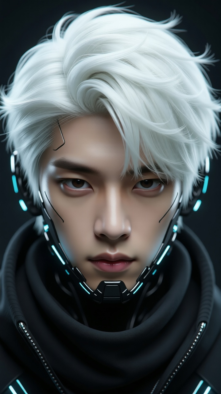 SPACE-TIME NINJA,  A cyberpunk robot Boy,  White hair on Tensor.Art