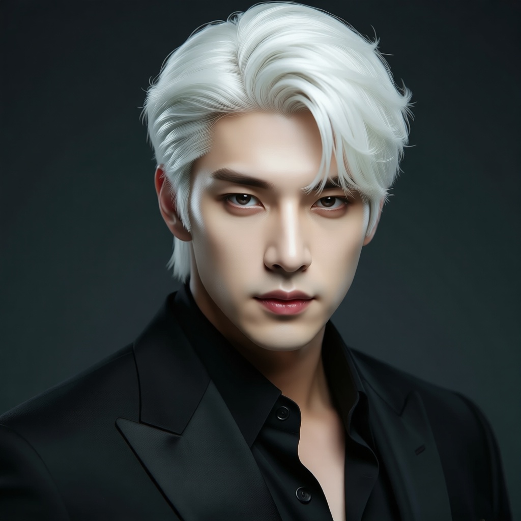 1 white-haired handsome guy in a black suit on Tensor.Art