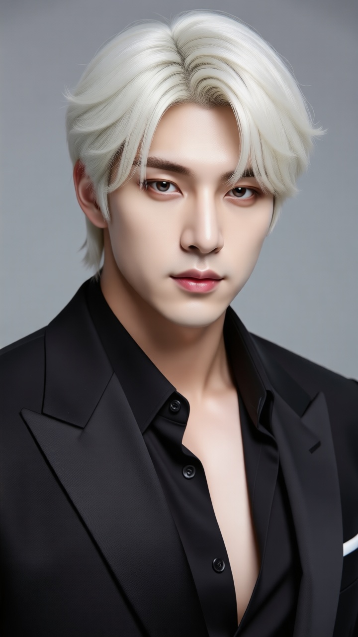 1 white-haired handsome guy in a black suit on Tensor.Art