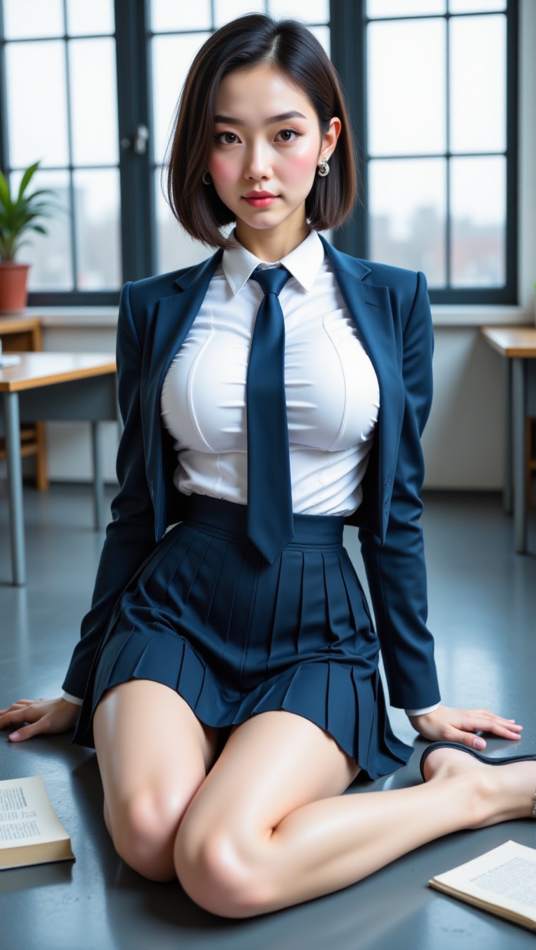A photorealistic full-body portrait of a confident young woman with a short bob haircut,  wearing a fitted white shirt,  n...