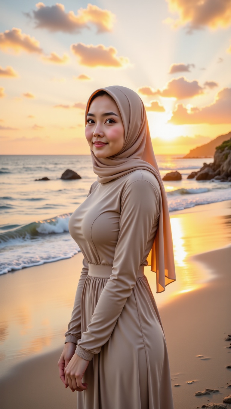 Ultra-realistic photo of a beautiful young Muslim woman standing on a sandy beach during a golden sunset. She wears a beig...