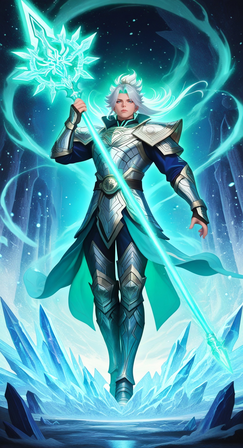 epic fantasy aesthetic,  glowing gradients and neon ice effects,  mystical warrior atmosphere BREAK a powerful warrior cla...