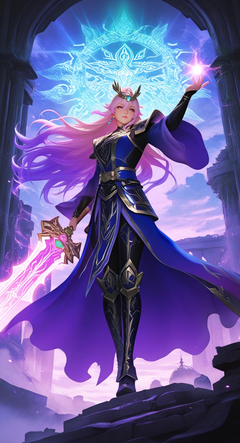 epic fantasy atmosphere with glowing magical effects and surreal gradients BREAK a legendary warrior figure,  presence com...