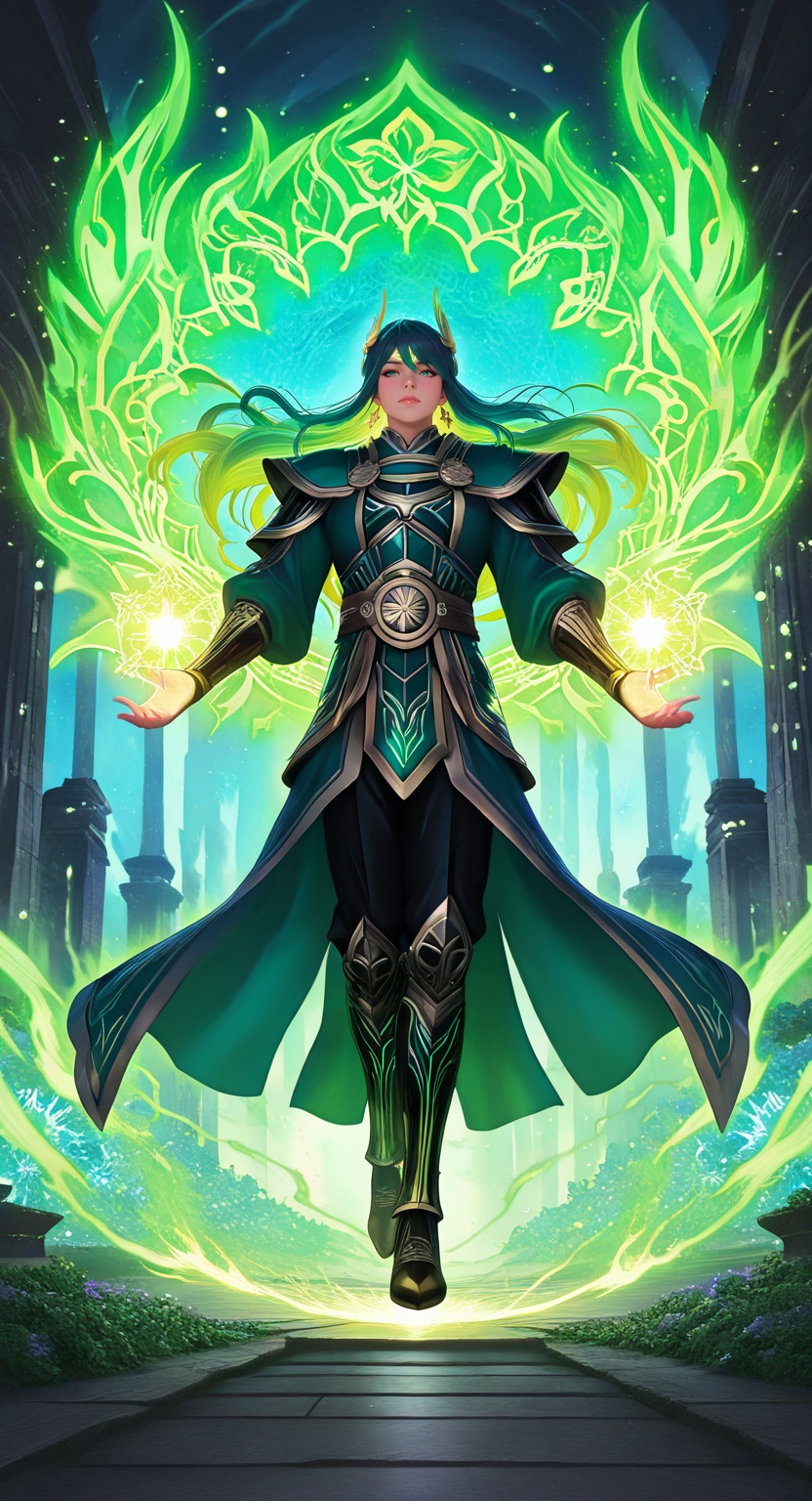 fantasy magical atmosphere with glowing neon accents and radiant gradients BREAK a goddess-like archer warrior,  divine pr...