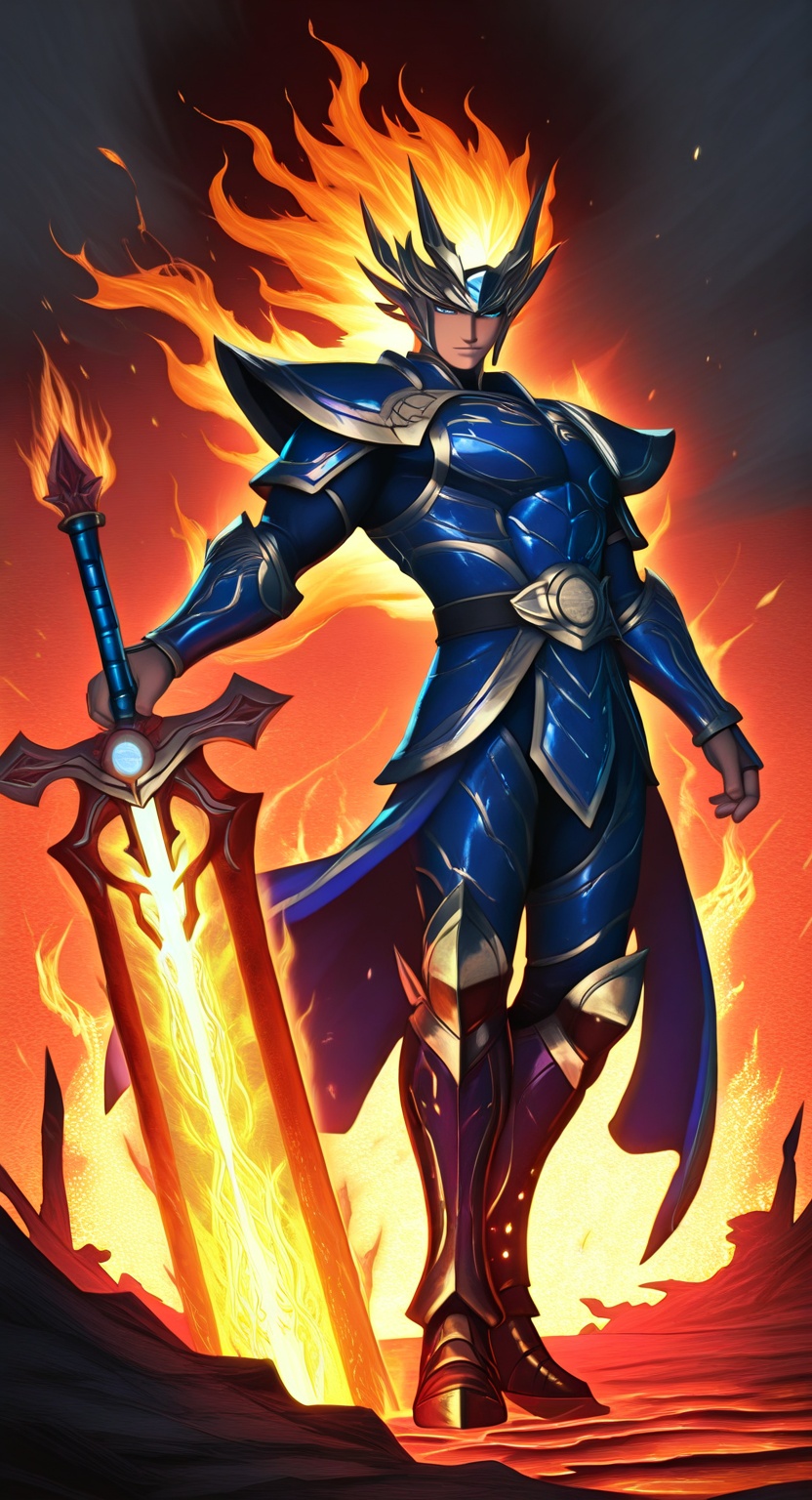epic fantasy sci-fi atmosphere with blazing fire and glowing neon technology BREAK a towering fire warrior,  presence impo...