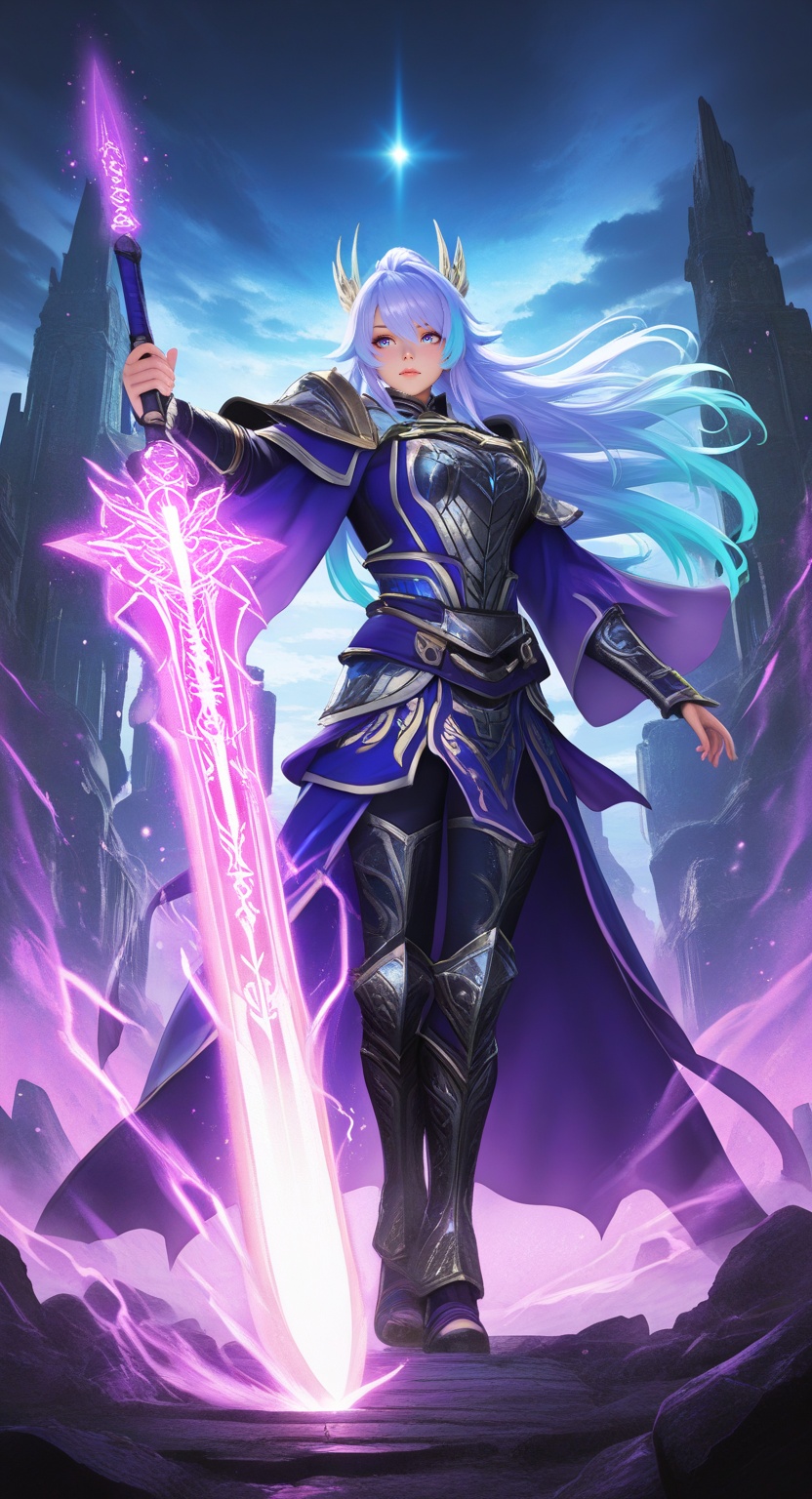 epic fantasy atmosphere with glowing magical effects and surreal gradients BREAK a legendary warrior figure,  presence com...