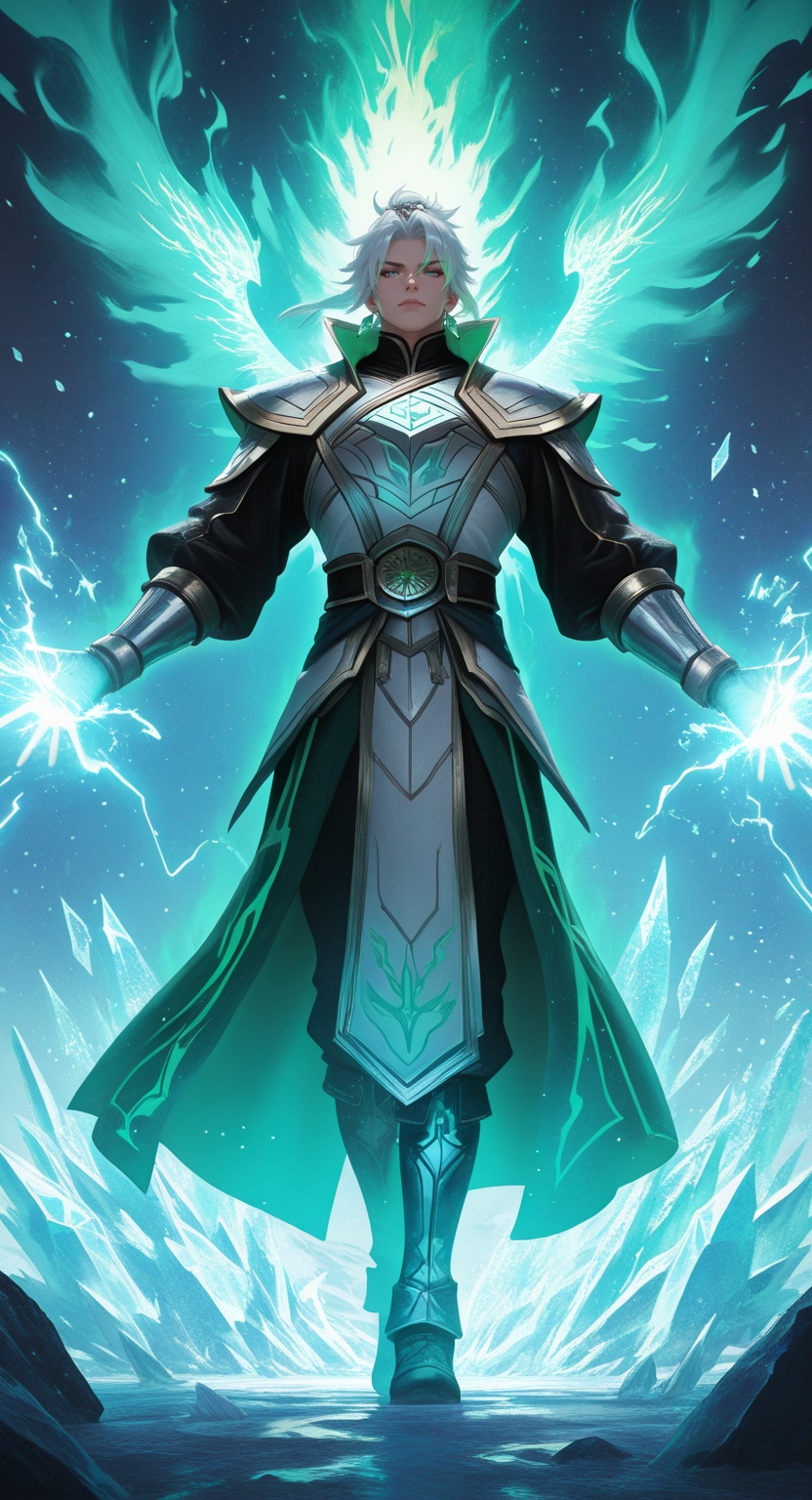 epic fantasy aesthetic,  glowing gradients and neon ice effects,  mystical warrior atmosphere BREAK a powerful warrior cla...