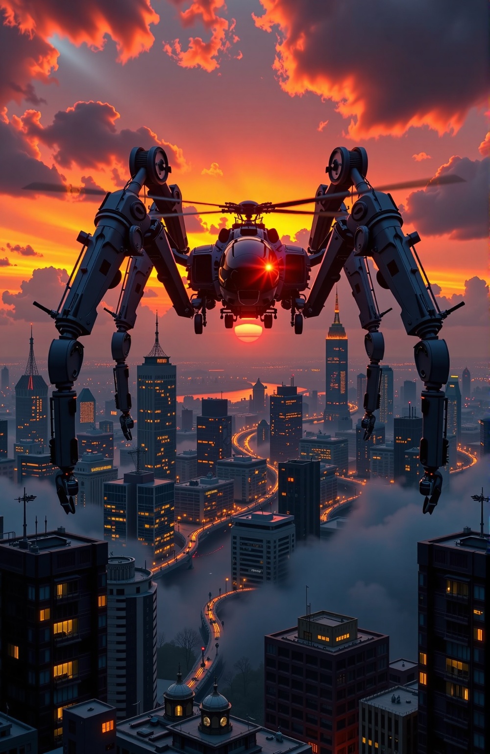 In this 4K Pixar-inspired scene,  a helicopter hovers above a cyberpunk cityscape at sunset,  casting long shadows across...