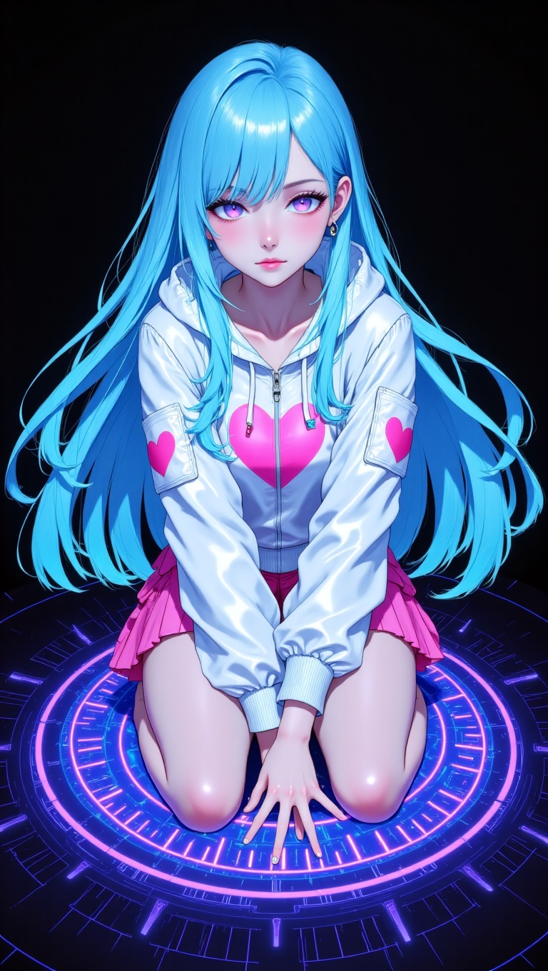 A young girl with long,  flowing blue hair. She is wearing a white jacket with a pink heart design on the front and a pink...