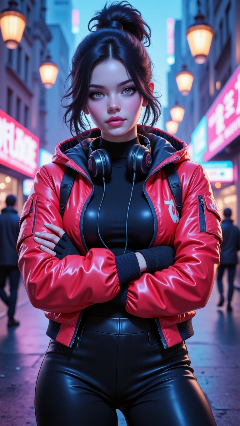 "Young woman with tied high ponytail,  half-body view,  wearing sporty chic streetwear: cropped bomber jacket on Tensor.Art