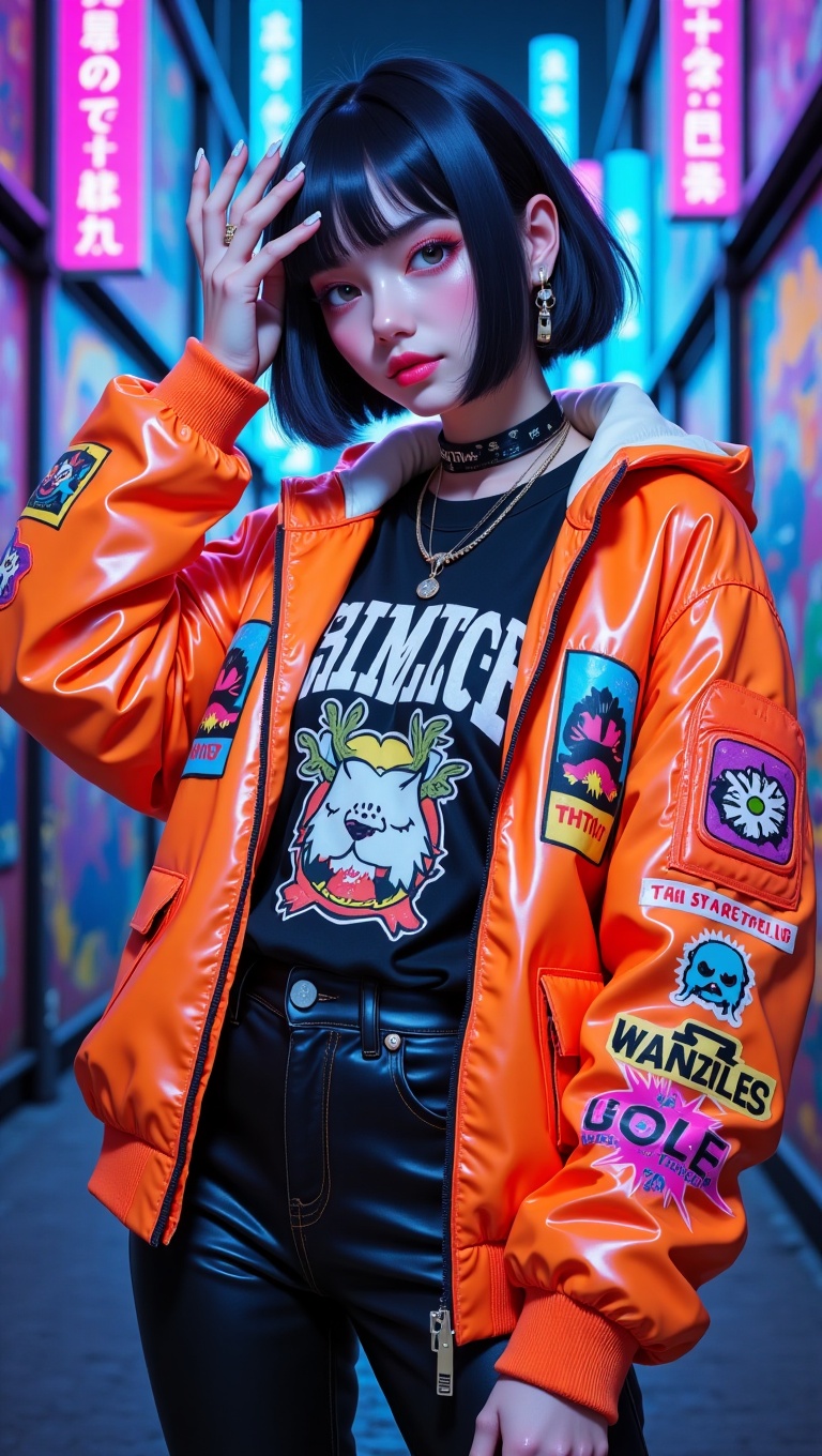 Young woman with edgy short cropped hair,  half-body view,  dressed in bold colorful streetwear: oversized graphic tee on...