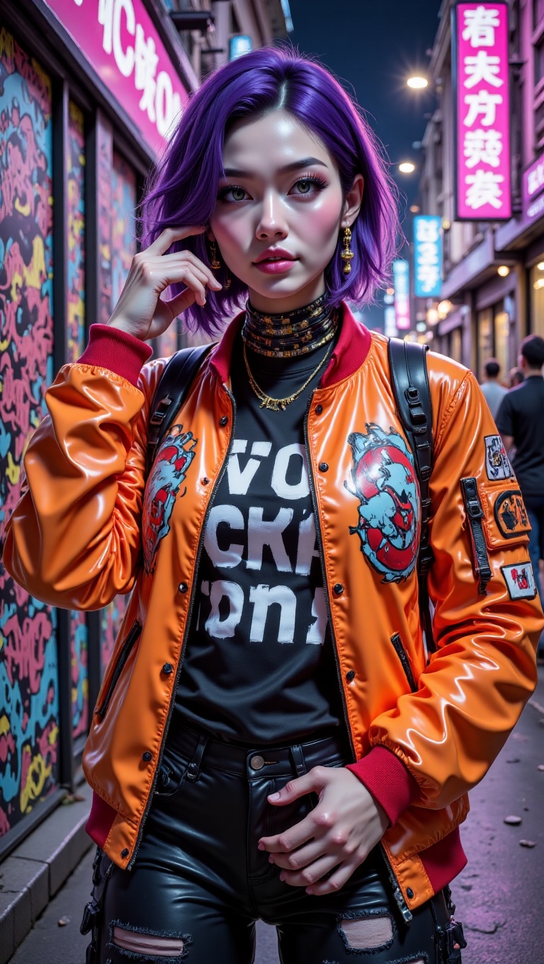 Young woman with edgy short cropped hair,  half-body view,  dressed in bold colorful streetwear: oversized graphic tee on...