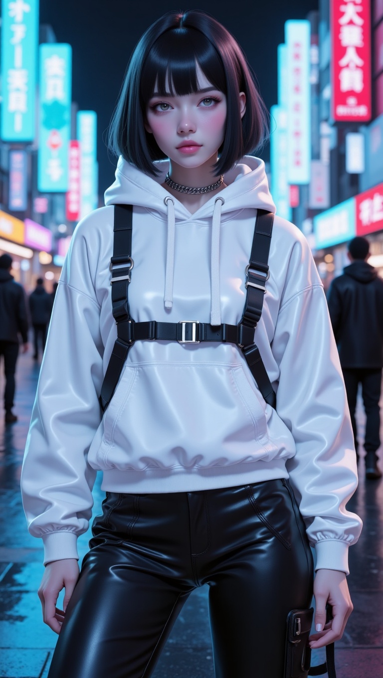 "Young woman with a sleek bob cut hairstyle,  half-body view,  wearing minimalist monochrome streetwear: oversized white h...