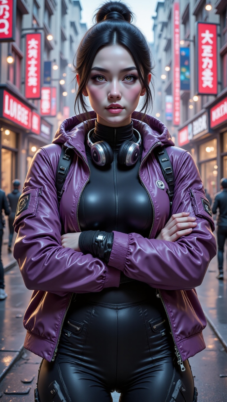 "Young woman with tied high ponytail,  half-body view,  wearing sporty chic streetwear: cropped bomber jacket on Tensor.Art