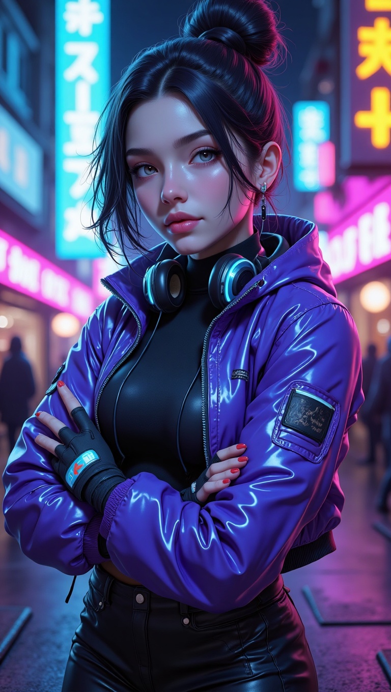 "Young woman with tied high ponytail,  half-body view,  wearing sporty chic streetwear: cropped bomber jacket on Tensor.Art