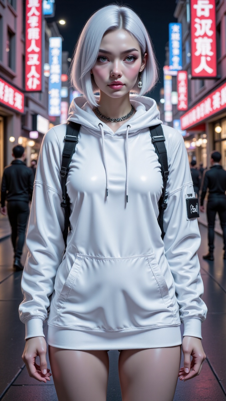 "Young woman with a sleek bob cut hairstyle,  half-body view,  wearing minimalist monochrome streetwear: oversized white h...