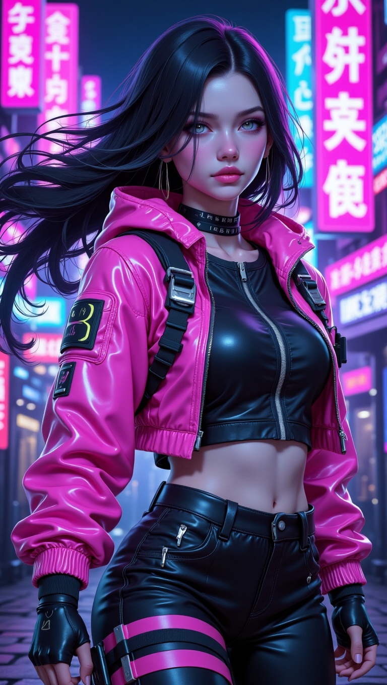 "Young woman with long flowing hair,  half-body view,  styled in cyberpunk casual streetwear: neon-accented hoodie on Tens...