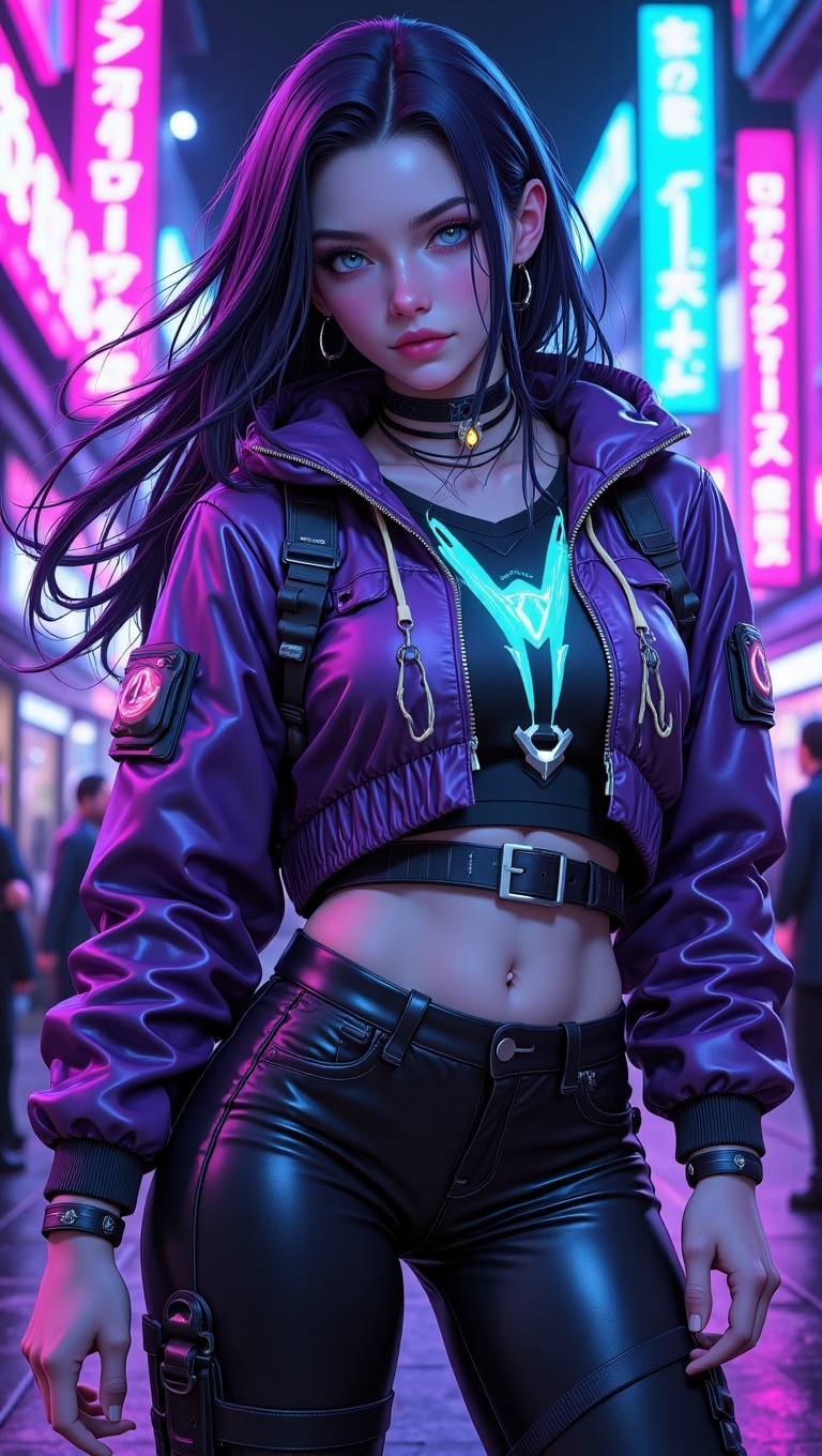 "Young woman with long flowing hair,  half-body view,  styled in cyberpunk casual streetwear: neon-accented hoodie on Tens...