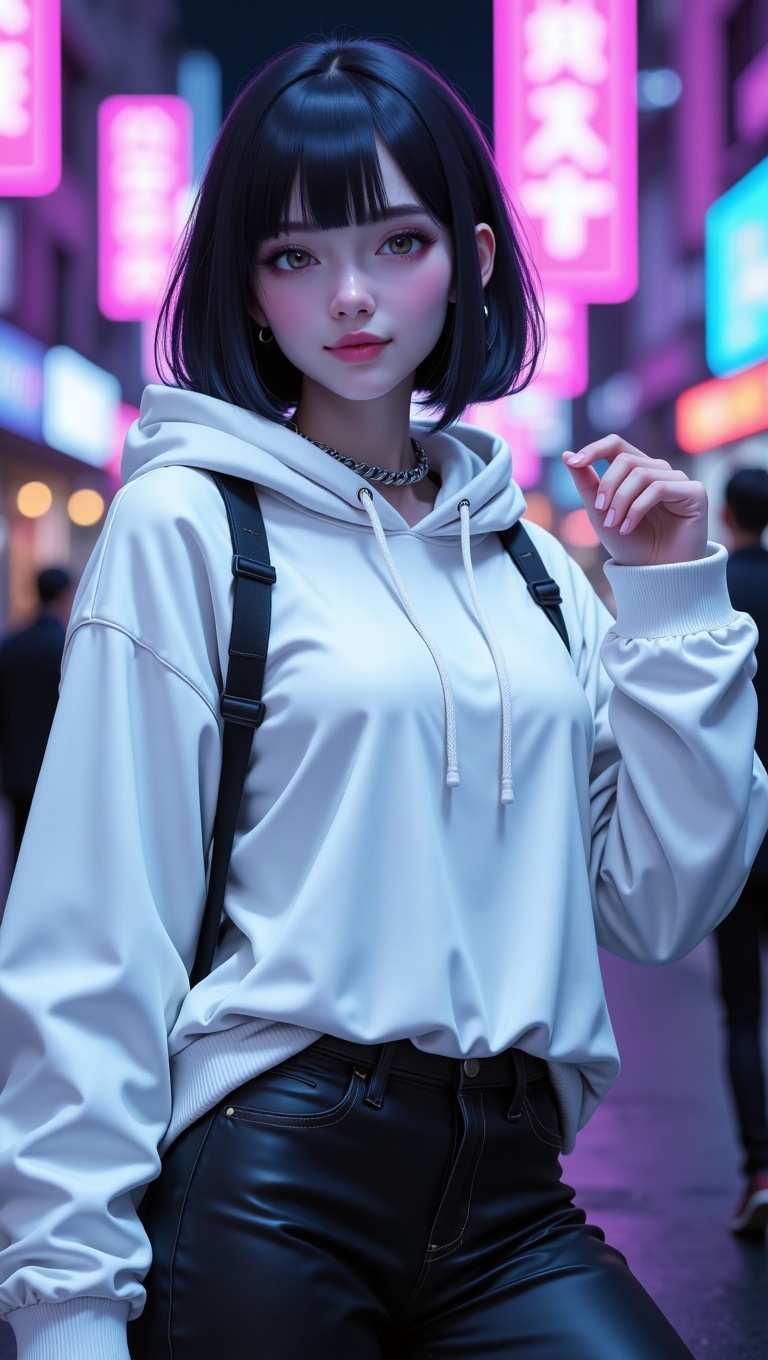 "Young woman with a sleek bob cut hairstyle,  half-body view,  wearing minimalist monochrome streetwear: oversized white h...