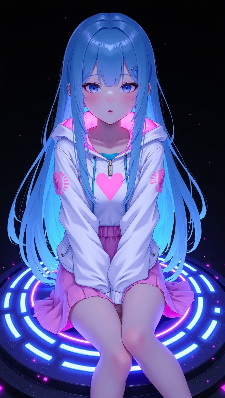 A young girl with long,  flowing blue hair. She is wearing a white jacket with a pink heart design on the front and a pink...