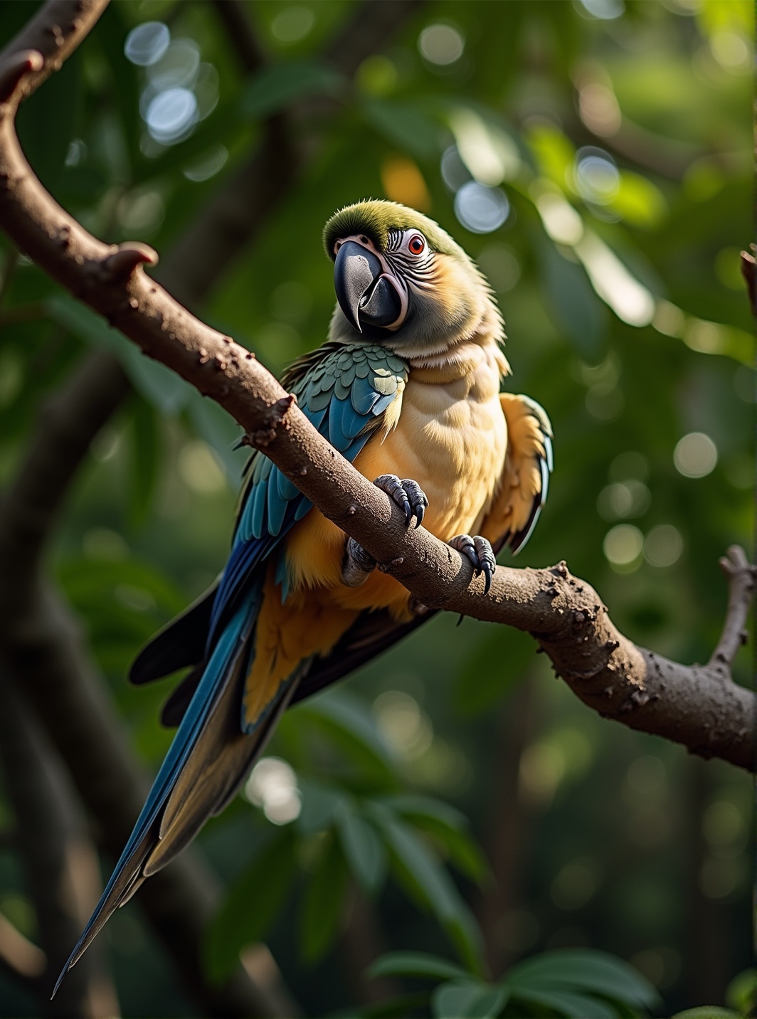 A parrot perched gracefully on a tree branch,  with sunlight filtering through leaves,  casting dappled shadows. The bird...