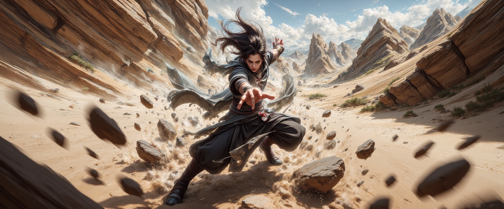 wuxiaearthshatter,  martial artist unleashing energy orb,  desert canyon background on Tensor.Art
