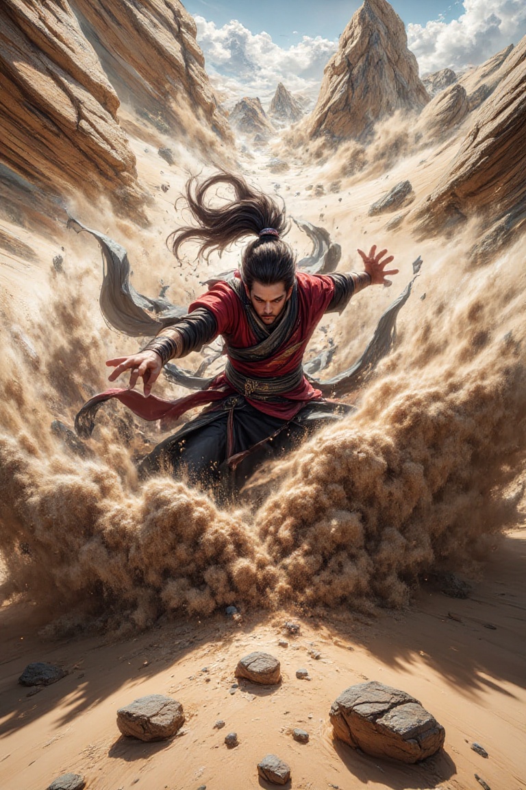 wuxiaearthshatter,  martial artist slamming ground with explosive force,  massive sand and rock eruption on Tensor.Art