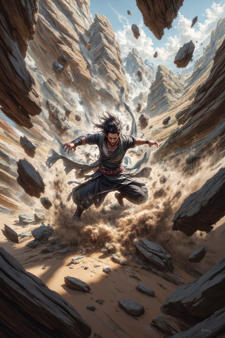 wuxiaearthshatter,  warrior descending through floating rocks,  desert canyon background on Tensor.Art
