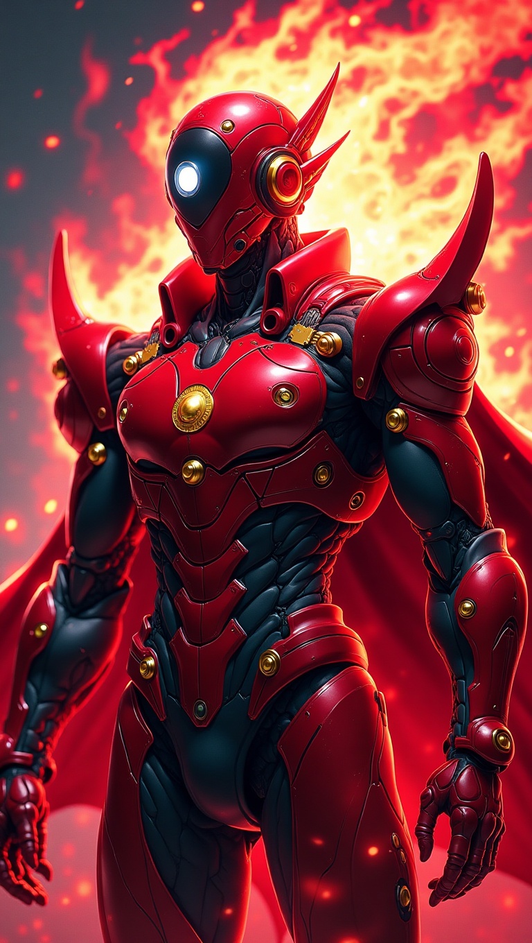 A powerful cybernetic warrior in a sleek red and black armored suit with golden mechanical accents,  glowing red energy sw...