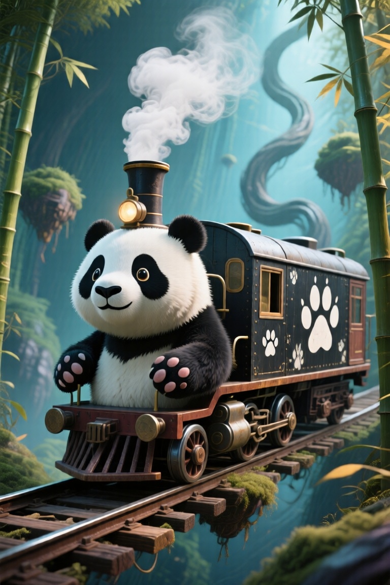 山海经,  刻画熊猫与蒸汽火车的融合形态,  熊猫圆脑袋顶着火车烟囱 on Tensor.Art