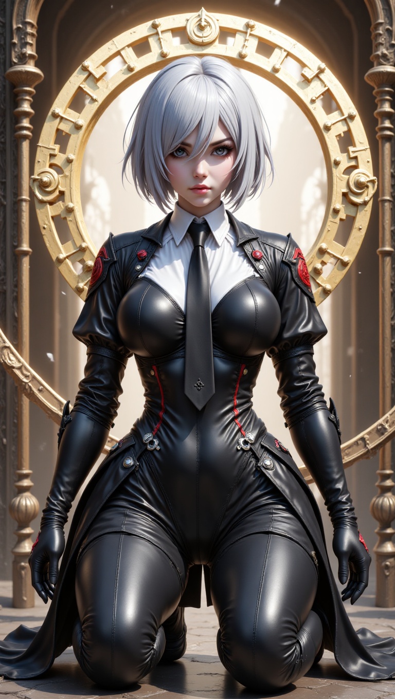 A powerful anime female with short silver hair kneeling on one knee,  hands placed firmly on the ground,  wearing a struct...