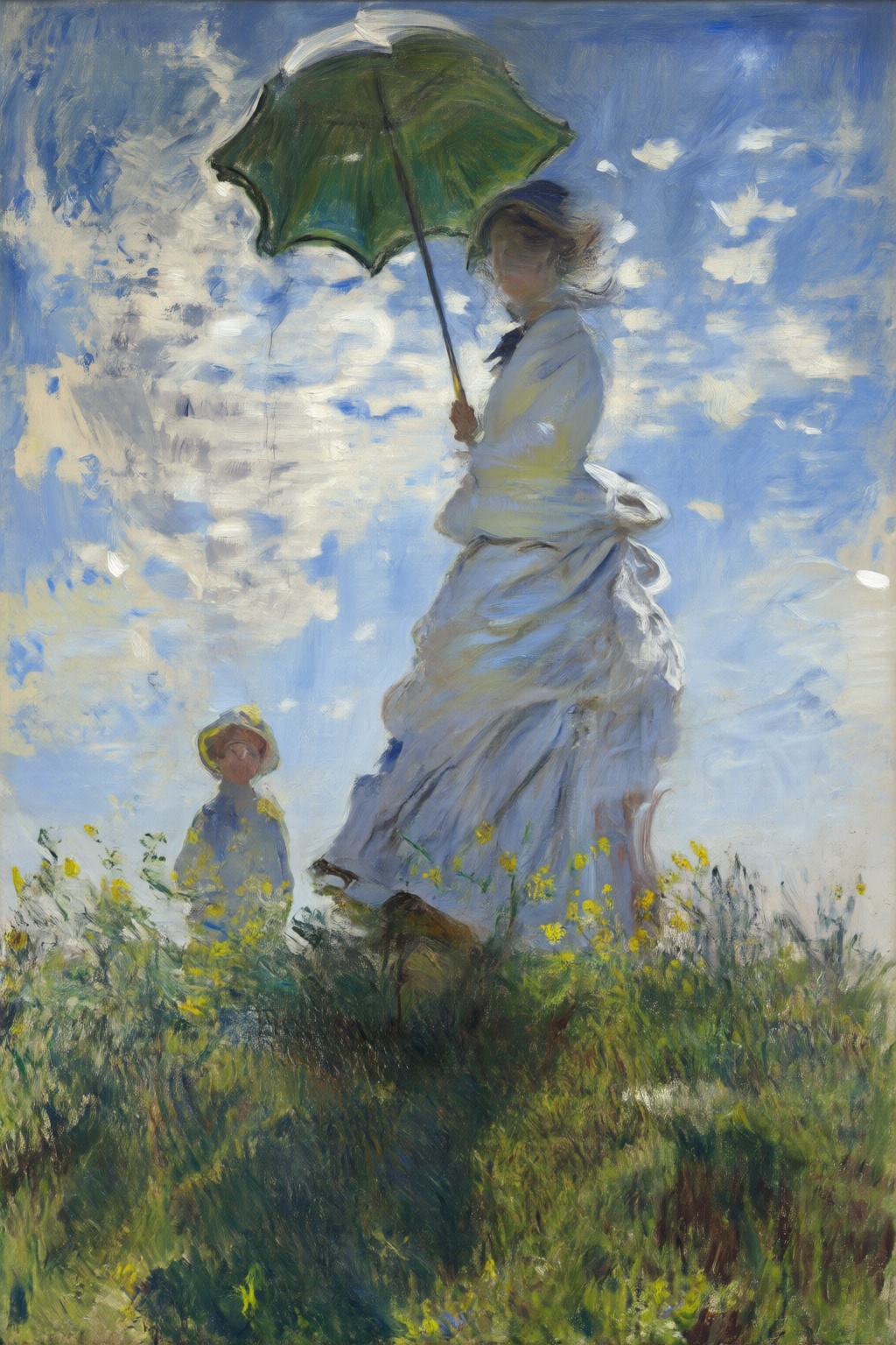 claudemonet2q painting. In the center a woman holding an open green parasol stands on a grassy hill with yellow wildflower...