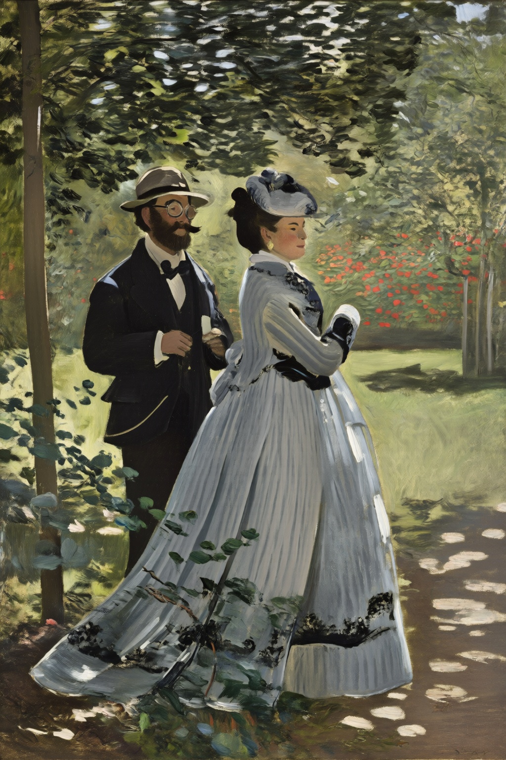 claudemonet2q painting. A garden scene with a man and a woman standing in the foreground among lush greenery. The man is w...