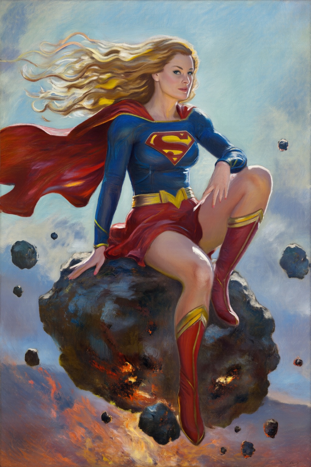claudemonet2q painting. Supergirl posing while sitting on top of a meteorite. She has long,  flowing blonde hair,  styled...